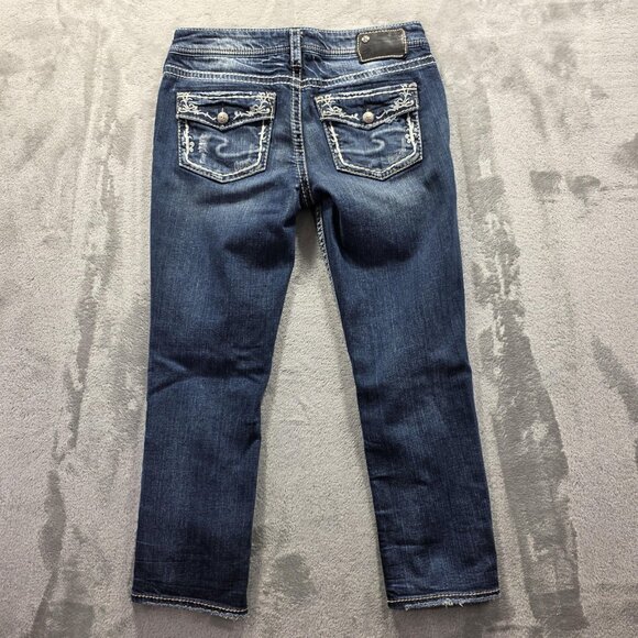 Silver Jeans Co Jeans Womens 28 Blue Aiko Mid Capri Distressed Embroidered Denim - Picture 2 of 11